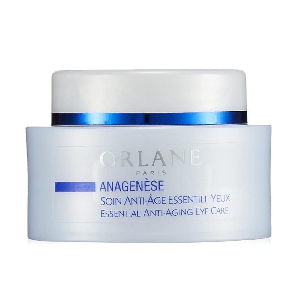 Weißer Tiegel mit blauem Streifen und Deckel. Schriftzug: ORLANE PARIS, ANAGENÈSE, SOIN ANTI-ÂGE ESSENTIEL YEUX, ESSENTIAL ANTI-AGING EYE CARE.