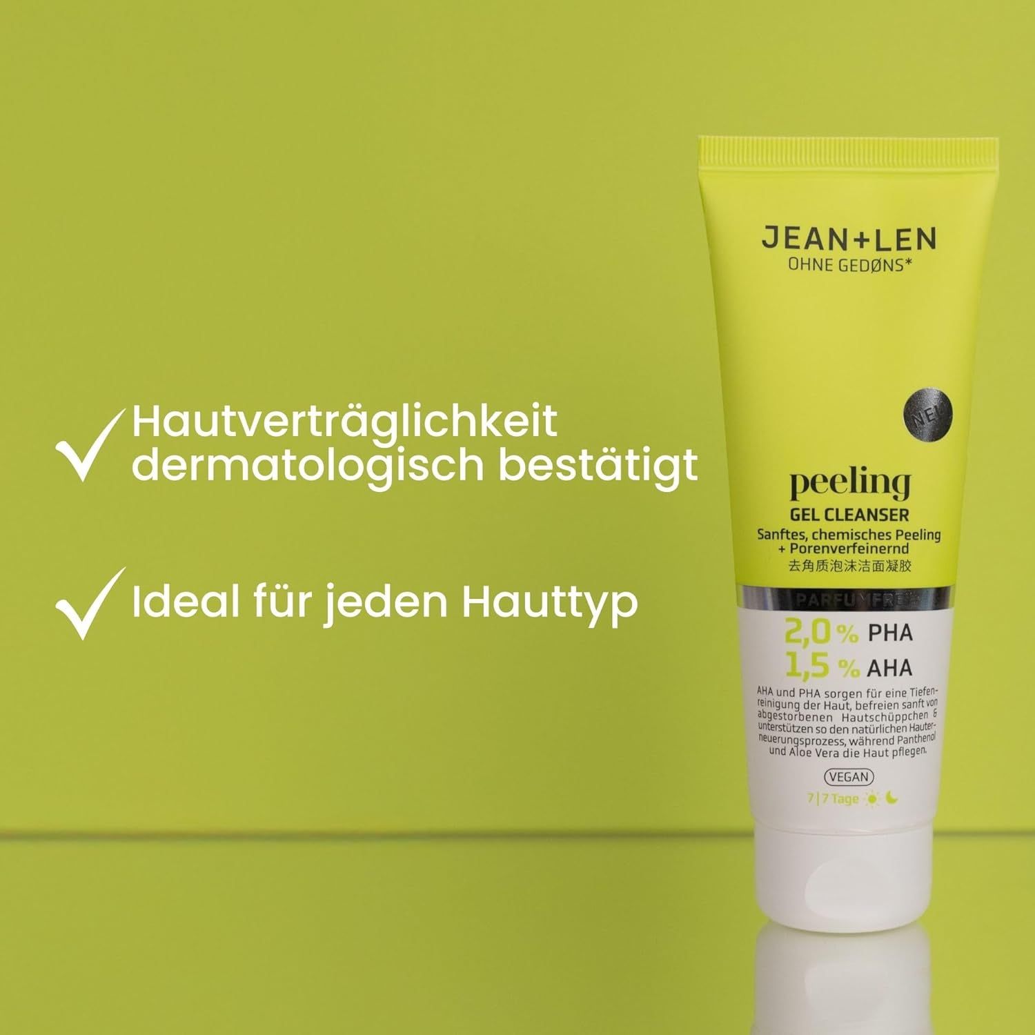 Gel Cleanser Tube. Gelb, mit Text und Aufschrift. Dermatologisch bestätigt. Ideal für jeden Hauttyp.