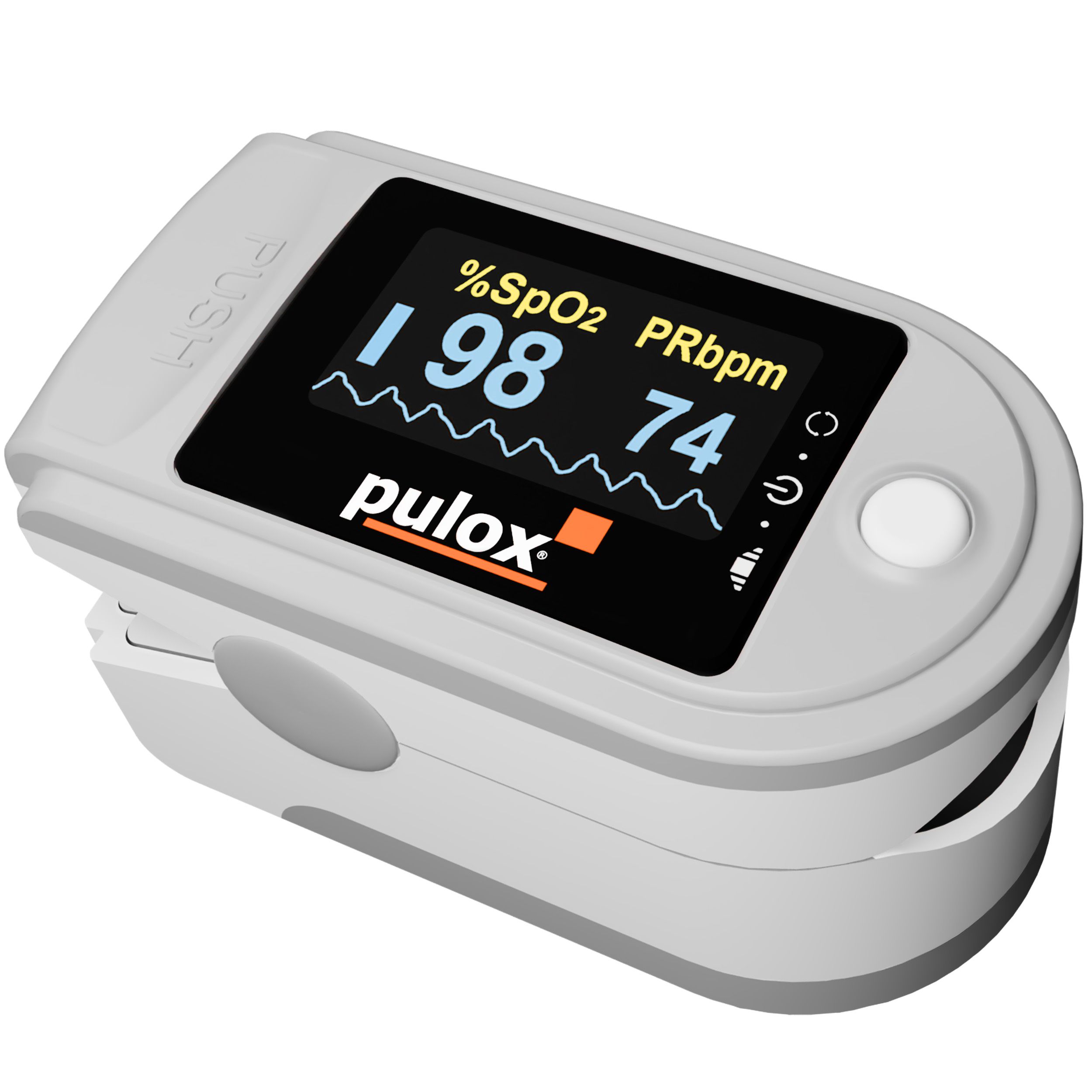 Graues Pulsoximeter mit Display, das 98% SpO2 und 74 PRbpm anzeigt. Pulox-Logo sichtbar.