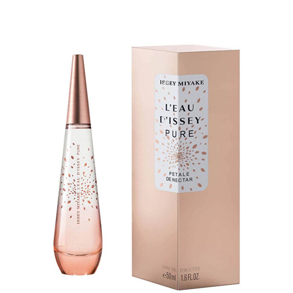 Parfümflasche und Verpackung. Aufschrift: L'Eau d'Issey Pure Petale de Nectar. 50ml 1.6 fl.oz.