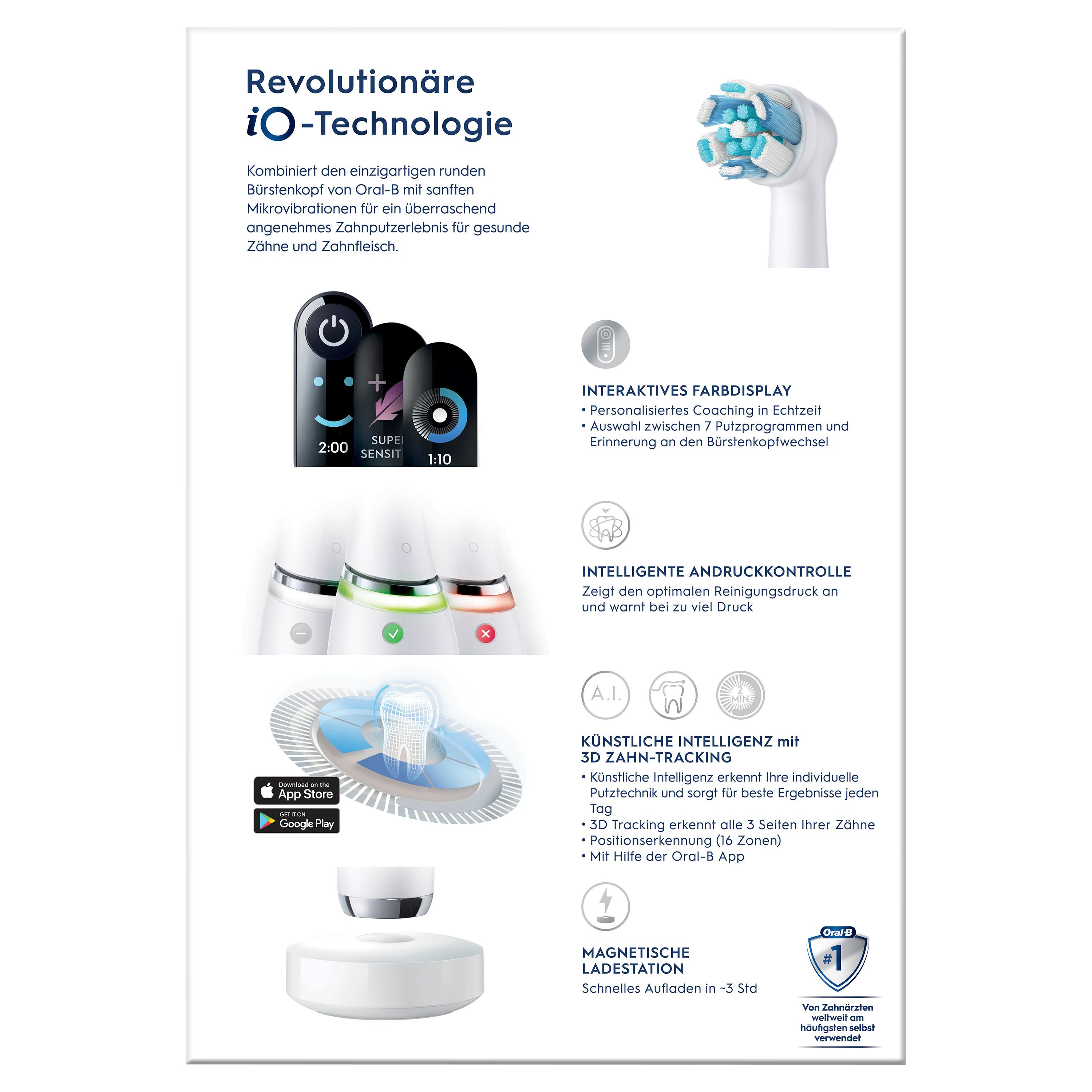 Rückseite der Verpackung der elektrischen Zahnbürste iO 9. Text und Grafiken zeigen Funktionen und Technologie der Zahnbürste.