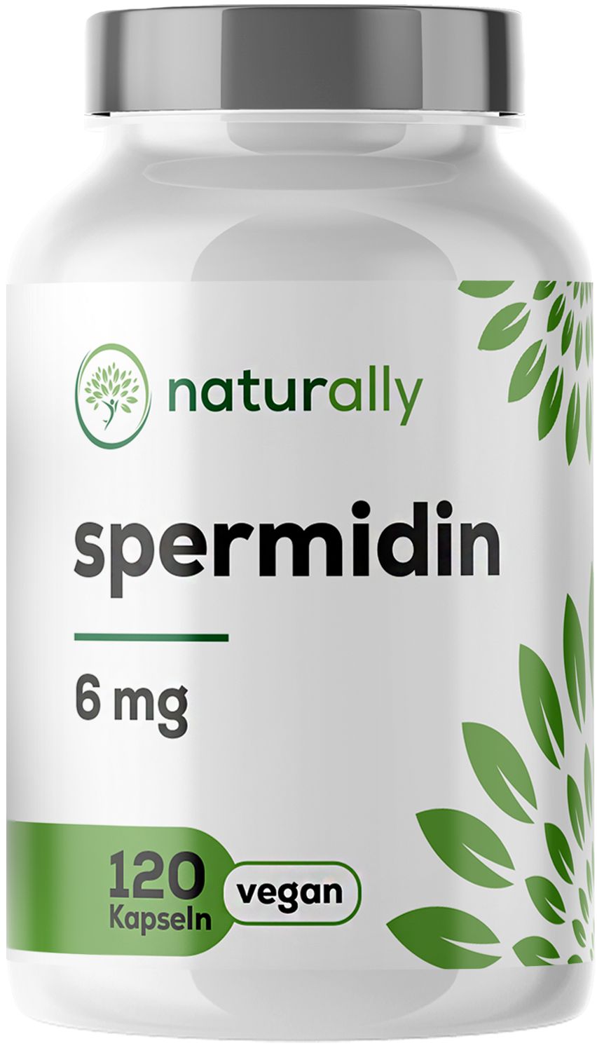 Weiße Flasche mit Kapseln. Aufschrift: naturally spermidin 6 mg, 120 Kapseln, vegan. Grün-weiße Etiketten.