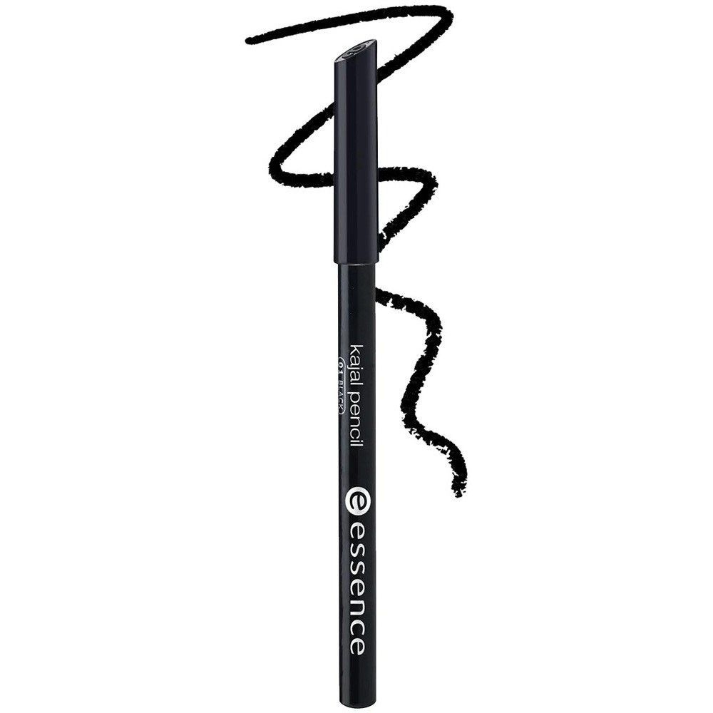 Schwarzer Kajalstift mit schwarzer Kappe und schwarzem Strich. Aufschrift: Essence, Kajal Pencil, Eyeliner.