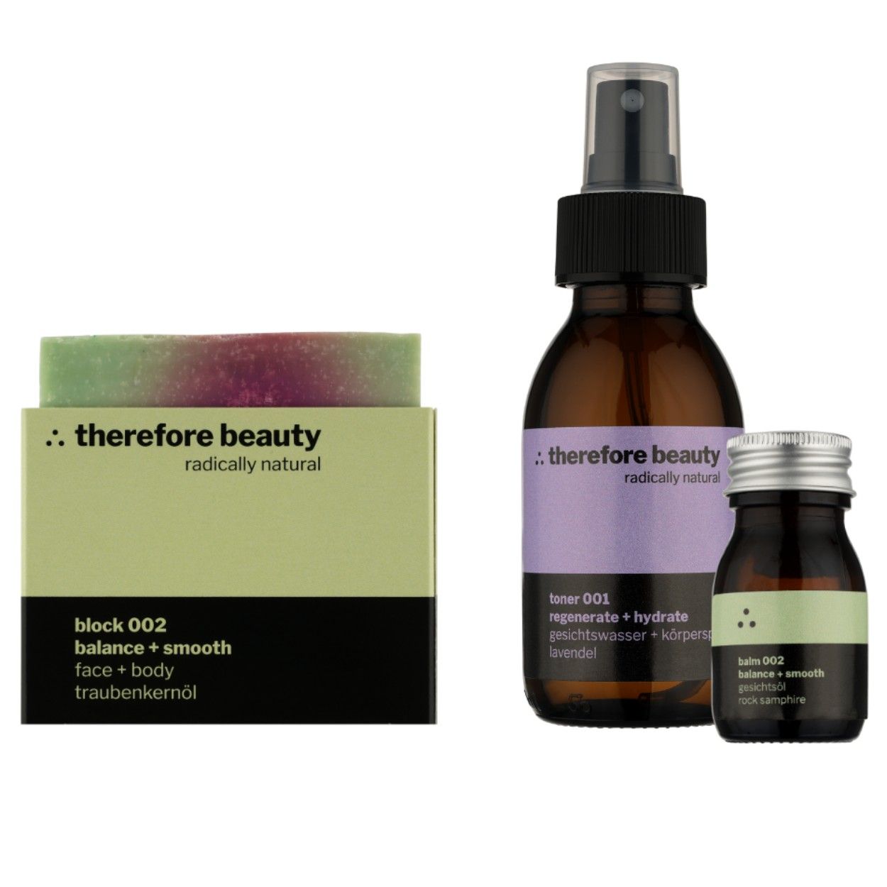 Therefore beauty Seife, Gesichtswasser und Gesichtsöl auf weißem Hintergrund.