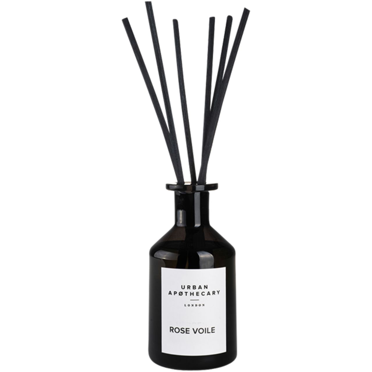Schwarzer Diffusor mit Stäbchen. Weißes Etikett mit Text: Urban Apothecary London, Rose Voile.