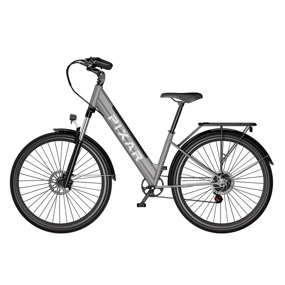 Graues Elektro-Citybike mit schwarzem Rahmen. Sichtbar: Lenker, Sattel, Gepäckträger, Räder.