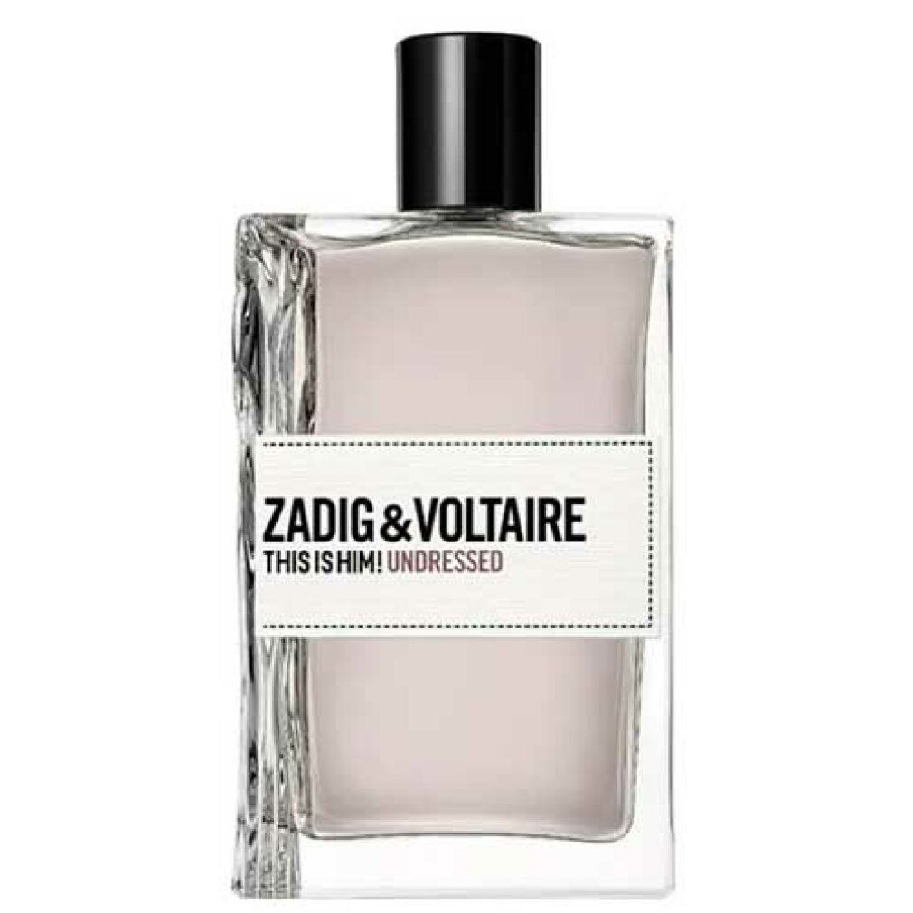 Zadig & Voltaire This Is Him! Undressed Flakon. Rechteckiger Flakon mit schwarzem Deckel und weißem Etikett mit Text.