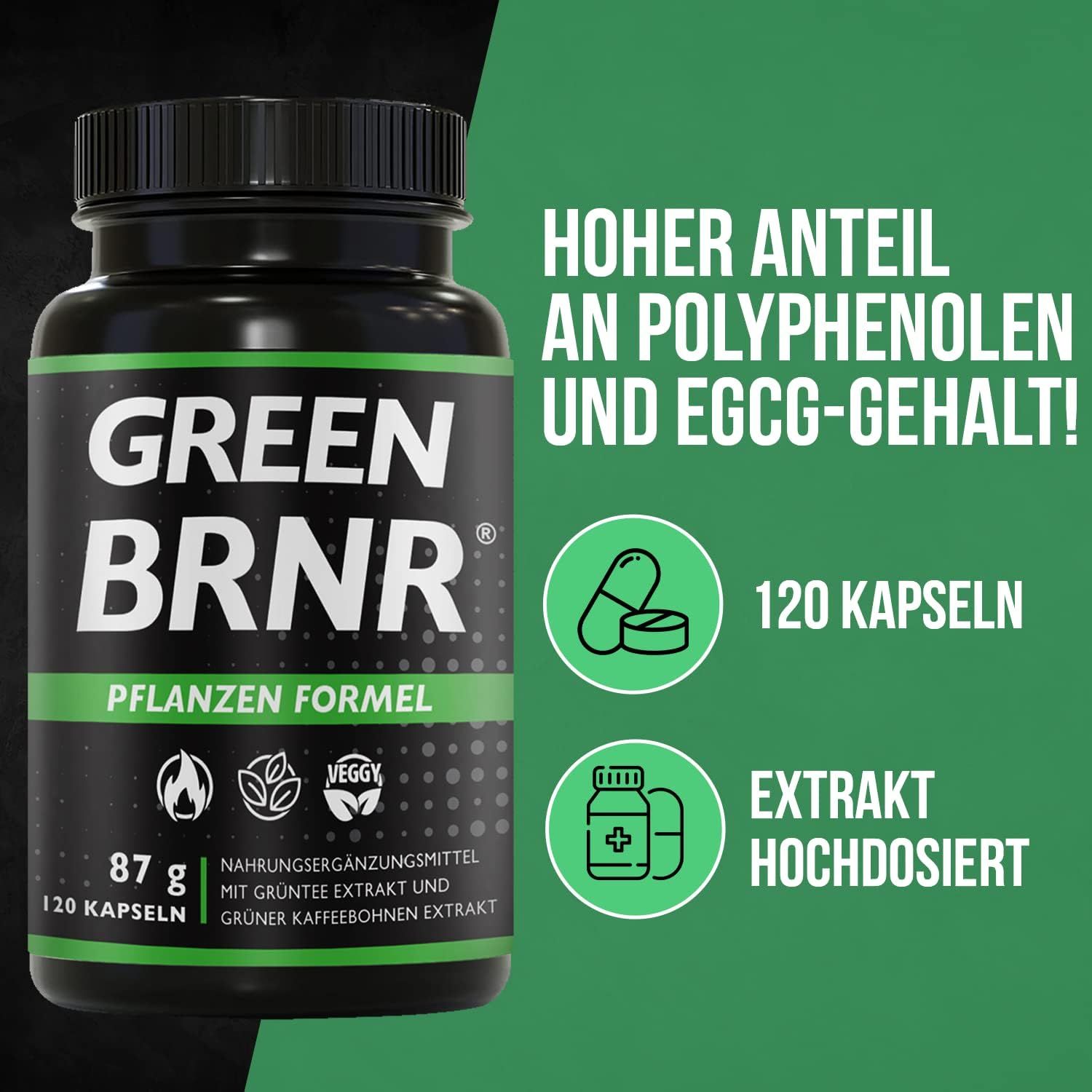 Schwarze Flasche mit grünem Etikett. Text: GREEN BRNR, Pflanzen Formel, 120 Kapseln. Illustrationen: Kapseln, Flasche.