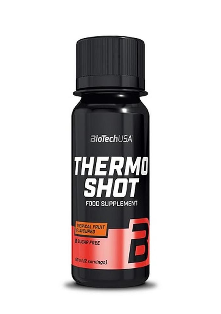 Schwarze Flasche mit schwarzem Deckel. Aufschrift: Thermo Shot, Food Supplement, Tropical Fruit Flavoured, Sugar Free. Rotes Etikett.