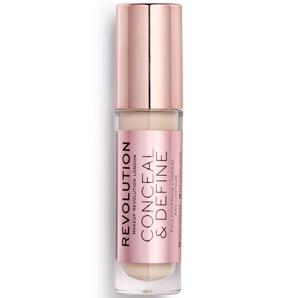 Concealer-Tube mit roségoldfarbenem Deckel. Aufkleber mit "REVOLUTION CONCEAL & DEFINE".