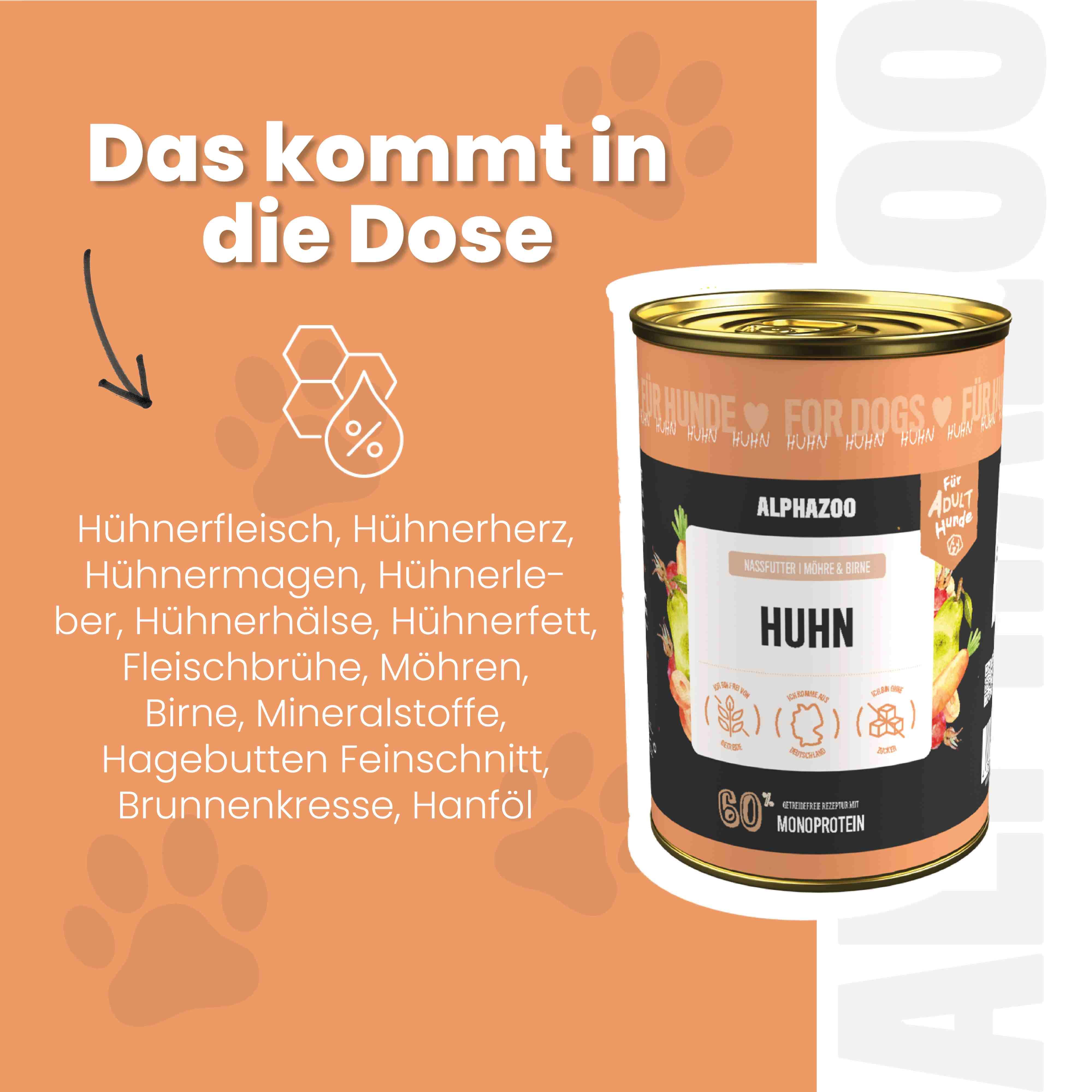 Nassfutterdose mit Zutaten: Hühnerfleisch, Hühnerherz, Hühnermagen, Hühnerleber, Hühnerhälse, Hühnerfett, Fleischbrühe, Möhren, Birne, Mineralstoffe, Hagebutten, Brunnenkresse, Hanföl.