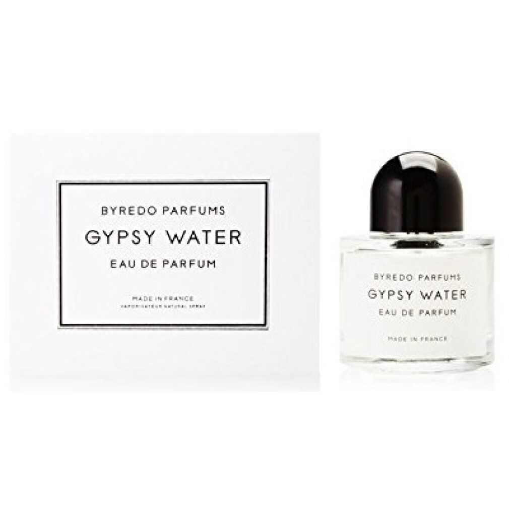 Weißer Karton und Flakon. Aufschrift: BYREDO PARFUMS, GYPSY WATER, Eau de Parfum. Flakon mit schwarzem Verschluss.