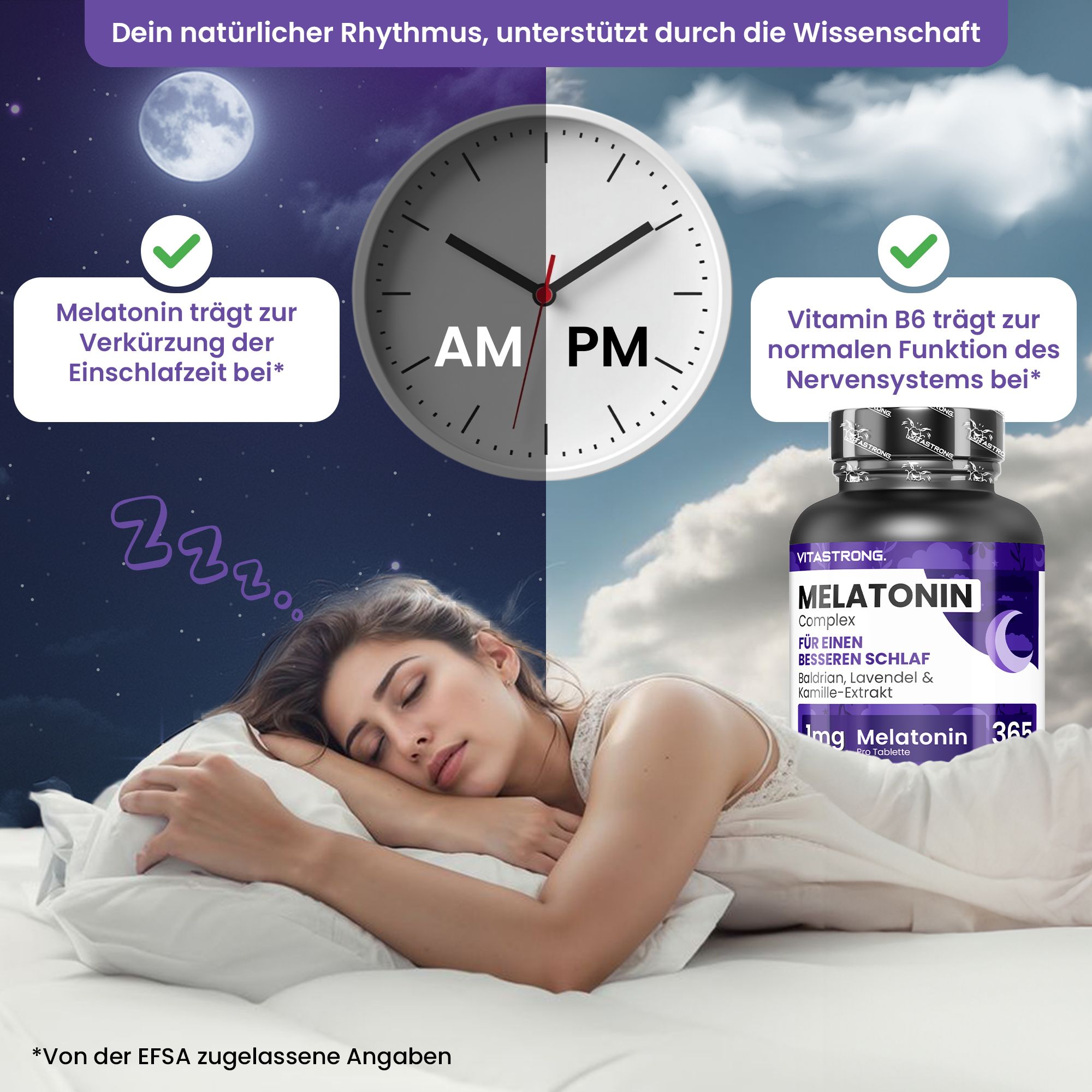 Uhr mit AM/PM. Frau schläft. Vitastrong Melatonin Komplex. 1mg Melatonin. Vitamin B6.