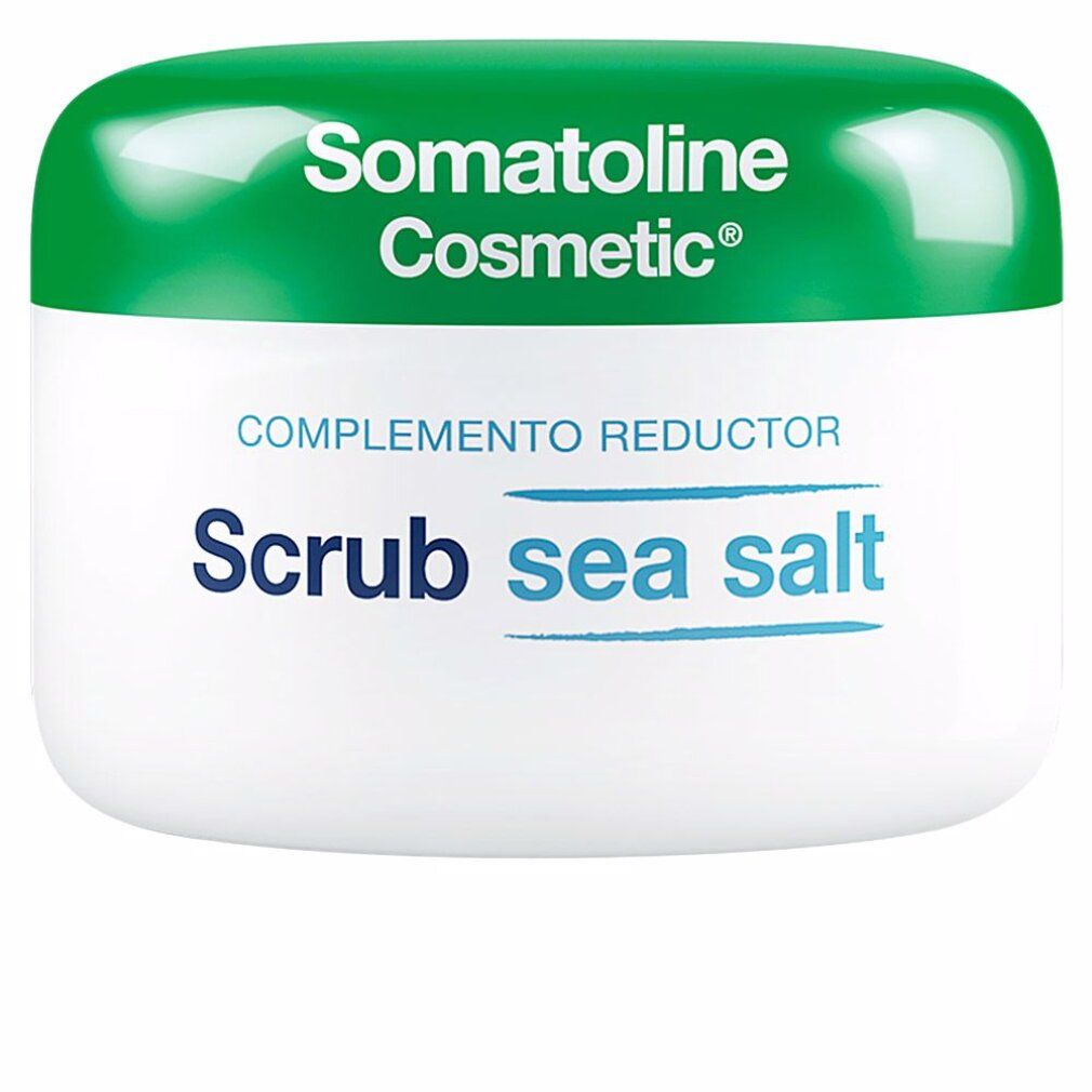 Weißes Tiegel mit grünem Deckel. Aufschrift: Scrub sea salt. Marke: Somatoline Cosmetic.