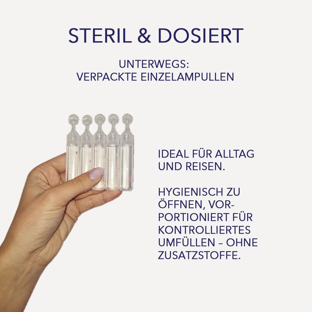 Hand hält Ampullen mit Kochsalzlösung. Text: Steril & dosiert. Einzelampullen für unterwegs. Ideal für Alltag und Reisen.