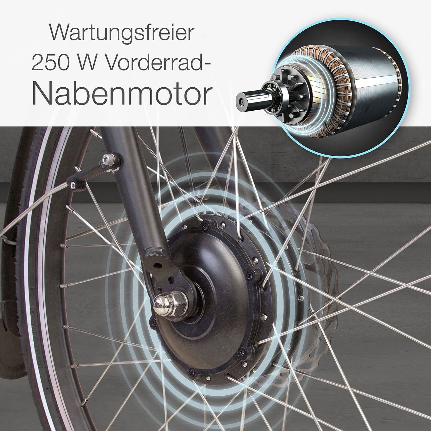 Nahaufnahme des Vorderrad-Nabenmotors des Dreirads. Text: 'Wartungsfreier 250 W Vorderrad-Nabenmotor'.