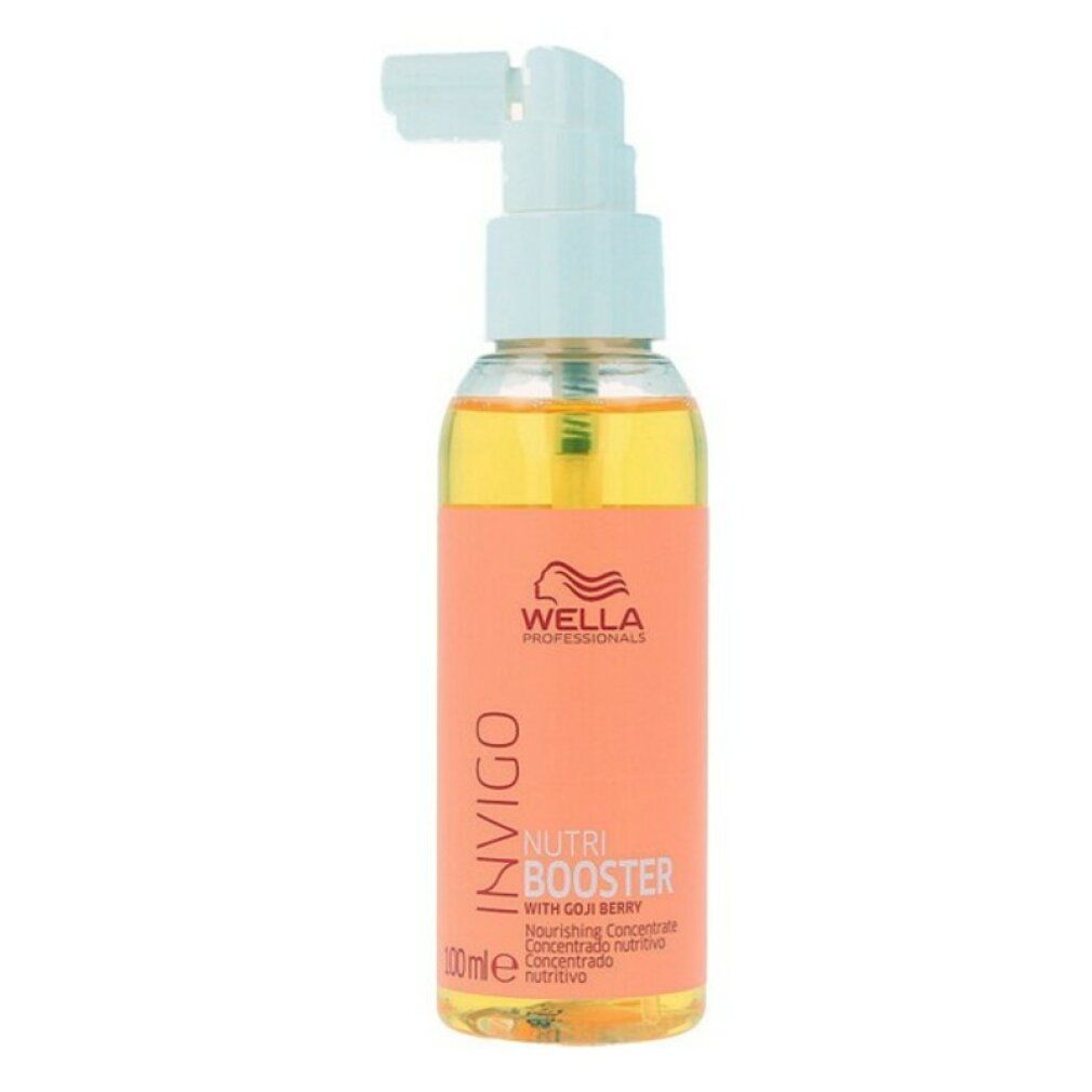 Flasche mit orangefarbenem Etikett. Aufschrift: Invigo Nutri Booster. Mit Goji-Beere. Mit Dosierspender.