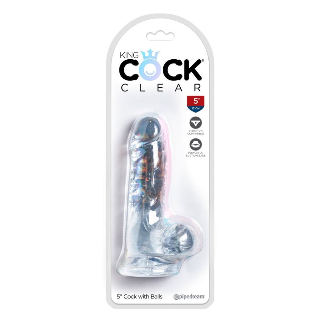 Verpackung mit transparentem Dildo. Marke King Cock Clear. Produktname und Größe auf der Verpackung.
