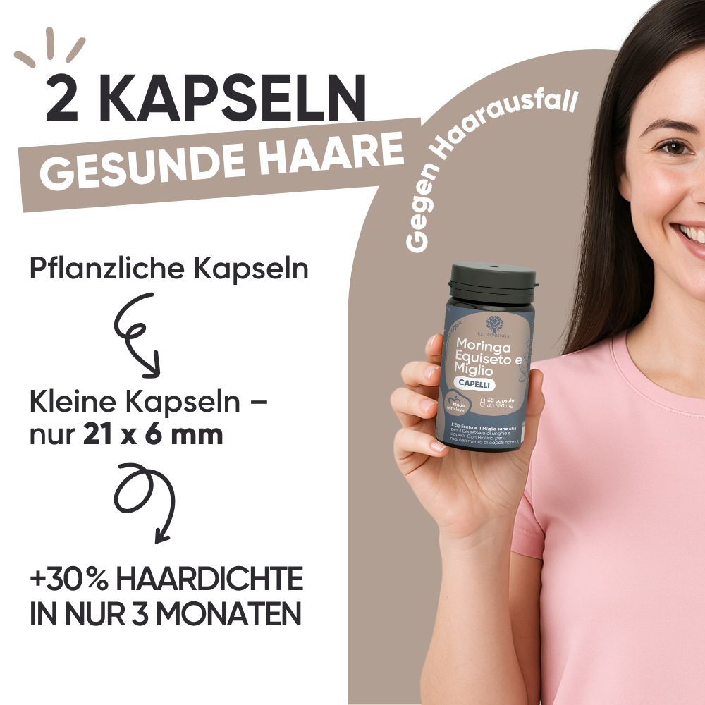 Flasche mit Kapseln auf einem runden Podest. Etikett: Moringa Equiseto e Miglio Capelli.