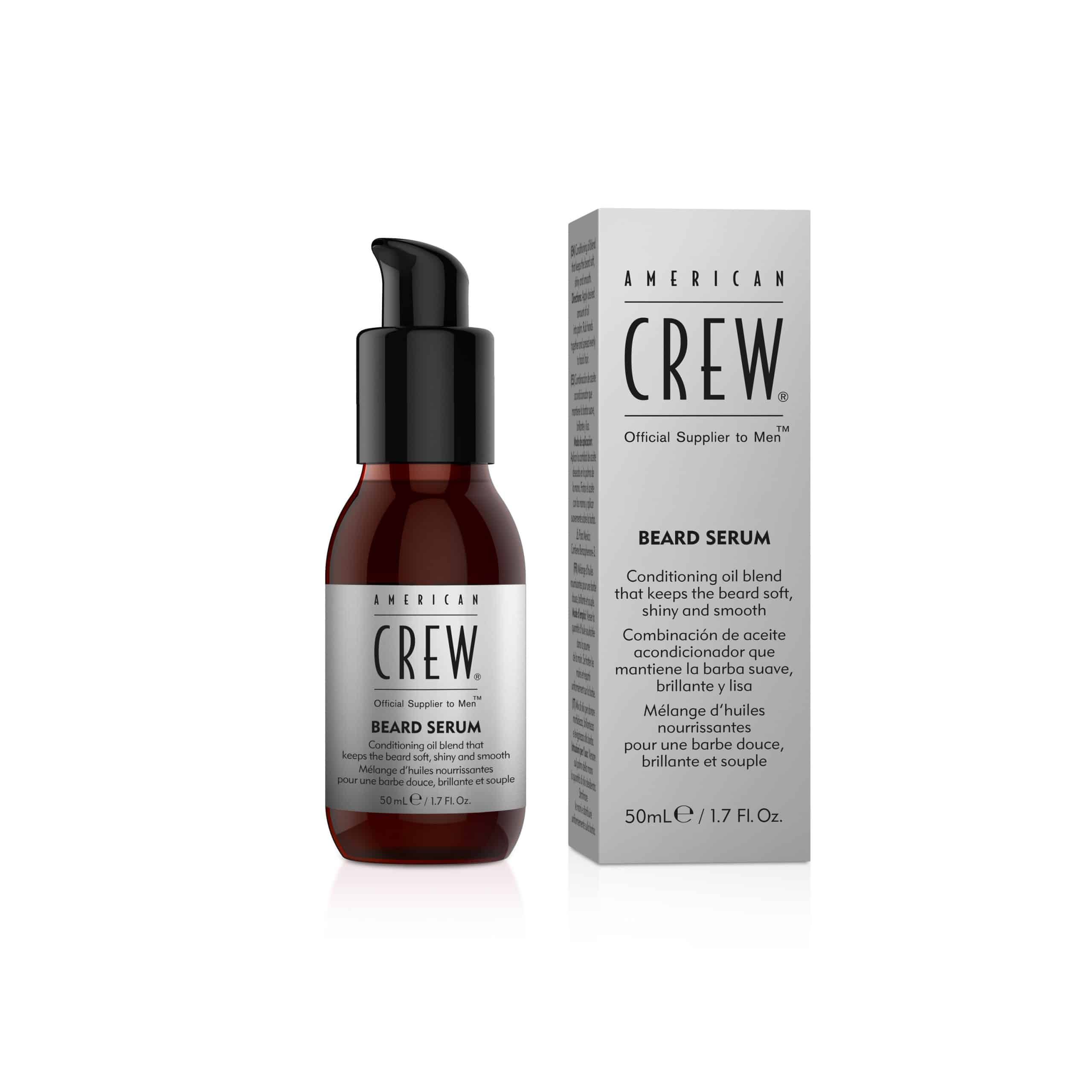 AMERICAN CREW Bartserum Flasche mit Pumpspender und Karton.