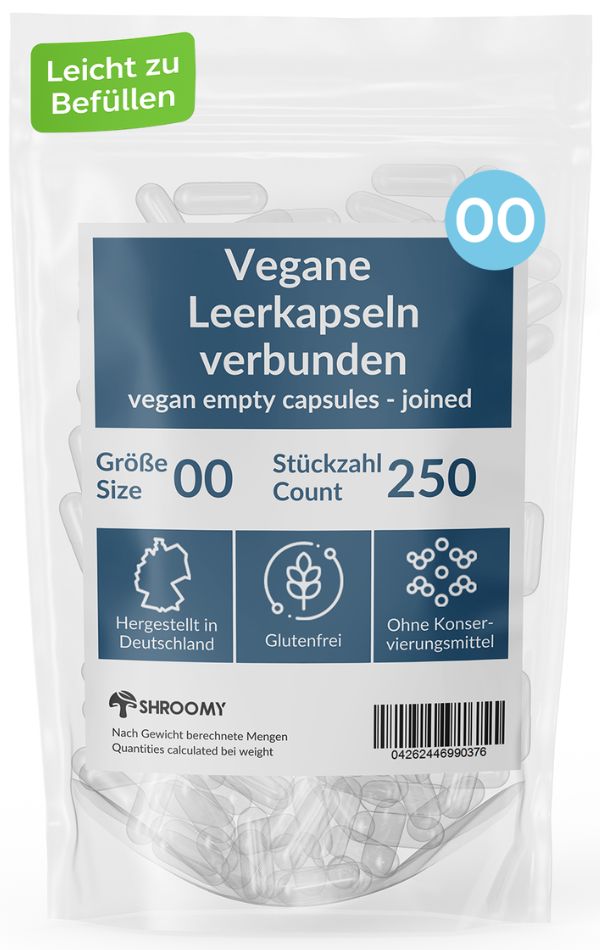 Klare, vegane Leerkapseln in Beutel. Größe 00, 250 Stück. Glutenfrei, ohne Konservierungsstoffe. SHROOMY-Logo.