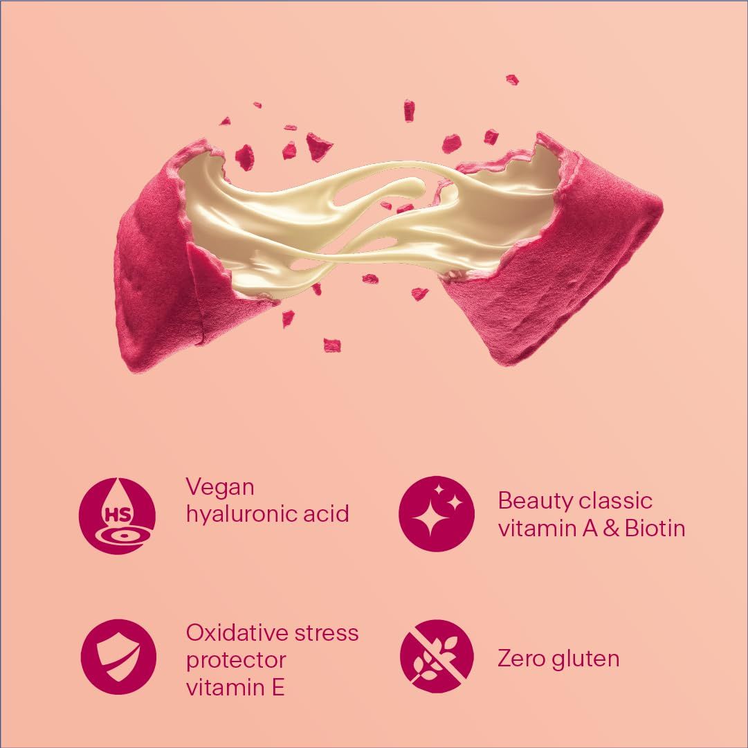 Beauty Bite in zwei Hälften. Aufschrift: Vegan Hyaluronsäure, Beauty classic Vitamin A & Biotin, Oxidativer Stressprotektor Vitamin E, Zero Gluten.