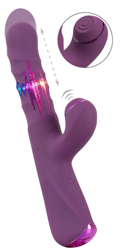 Lila Vibrator mit Stoß- und Klopf-Funktion. Mit farbigem Design. Detailansicht des Kopfes. Drei Knöpfe.
