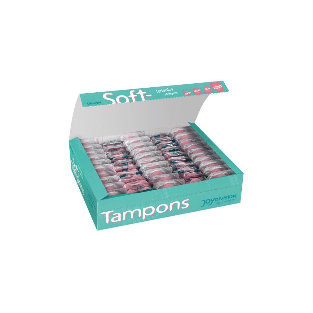 Geöffnete Schachtel mit Soft-Tampons. Einzeln verpackt. Aufschrift: Soft-Tampons, fadenlos/stringless. Marke: joydivision.
