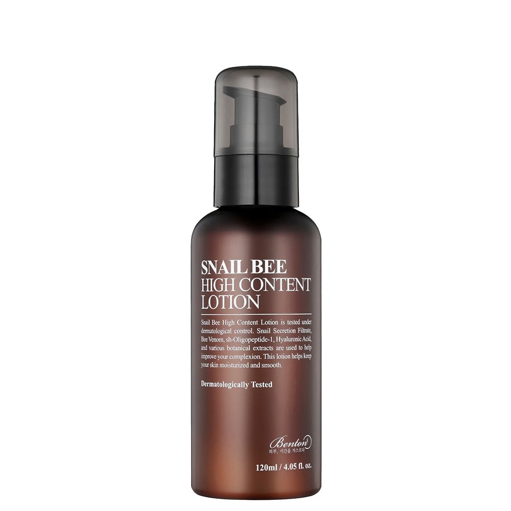 Braune Pumpflasche mit Benton Snail Bee High Content Lotion. Enthält 120ml.