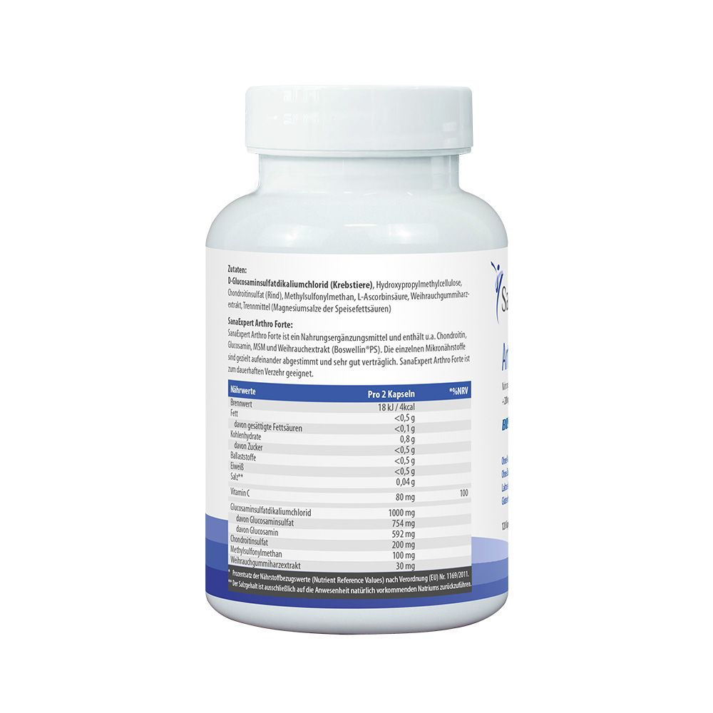 Rückseite der weißen Flasche SanaExpert Arthro Forte. Enthält Nährwertangaben pro 2 Kapseln. Enthält Informationen zu Inhaltsstoffen und Hersteller.