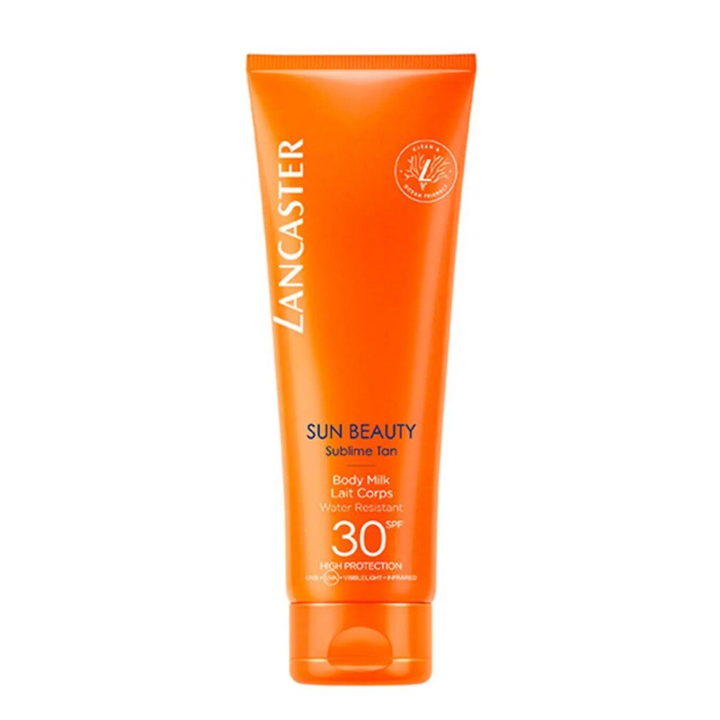 Lancaster Sun Beauty Sublime Tan Body Milk SPF30 in orange Tube. Wasserfest.
