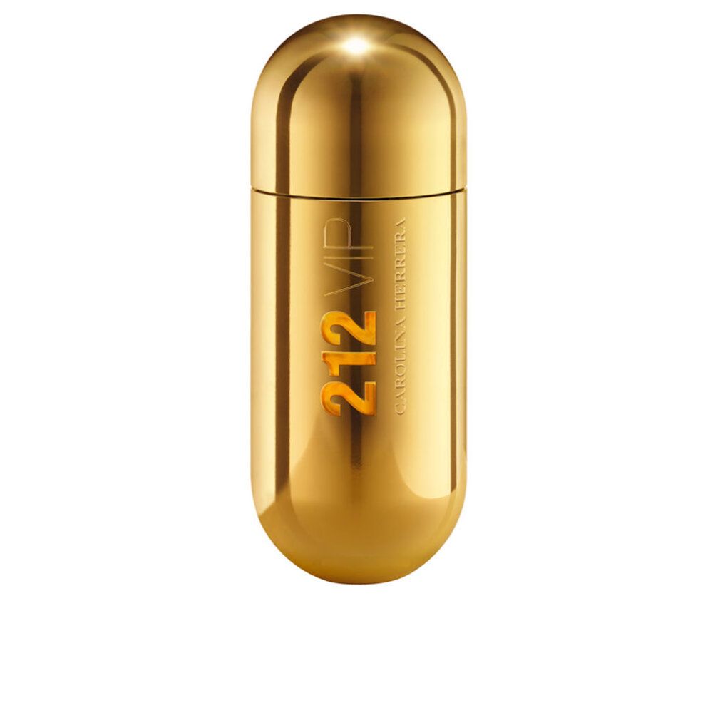 Goldfarbener Flakon. Aufschrift: 212 VIP, Carolina Herrera. Eau de Parfum Spray.