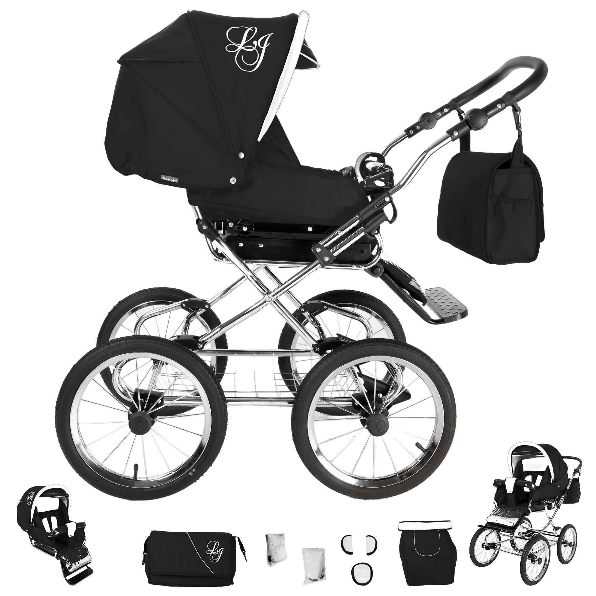 Schwarzer Kinderwagen mit silbernem Gestell. Logo auf der Haube und Tasche. Zubehör: Tasche, Adapter.