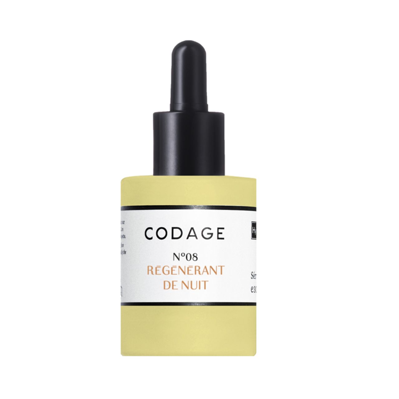 Gelbe Flasche mit schwarzer Pipette. Aufschrift: CODAGE, N°08 REGENERANT DE NUIT.