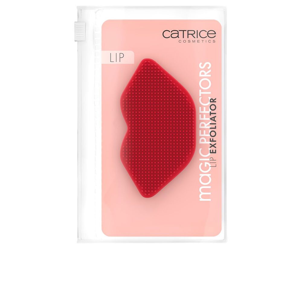 Rotes Lippenpeeling in Lippenform in transparenter Verpackung. Aufdruck: CATRICE COSMETICS, MAGIC PERFECTORS LIP EXFOLIATOR.