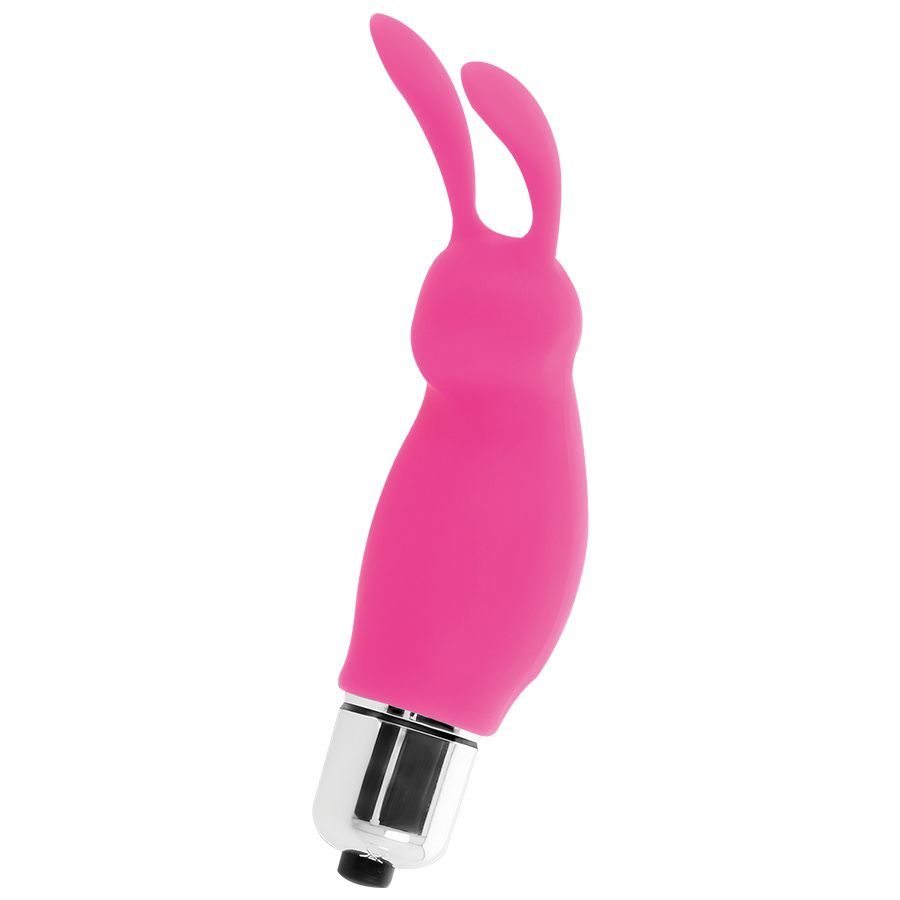 Rosa Vibrator mit Hasenohren und silberfarbenem Kopf. Aus Silikon. Mit schwarzem Knopf am Ende.