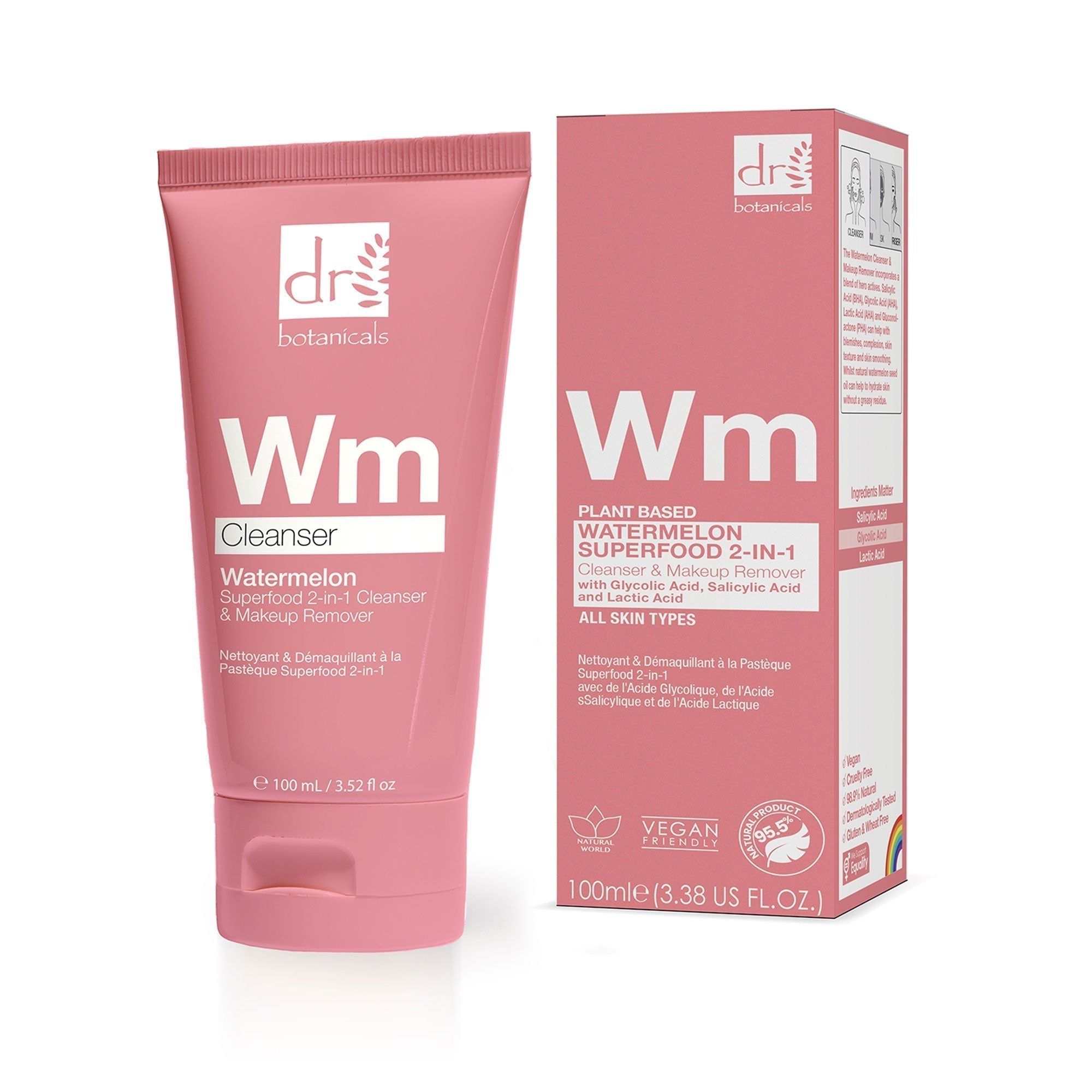 Rosa Tube und Schachtel mit "dr botanicals"-Logo und "Wm Cleanser". Aufschrift: "Watermelon Superfood 2-in-1". Vegan-Siegel.