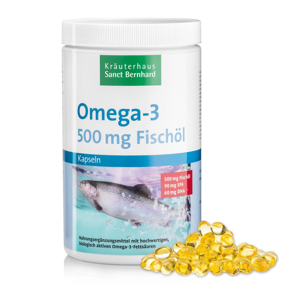 Weiße Dose mit Omega-3 500 mg Fischöl Kapseln. Daneben liegen gelbe Kapseln. Aufdruck: Kräuterhaus Sanct Bernhard.