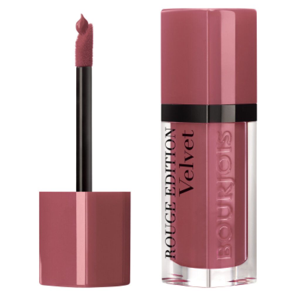 Lippenstift mit geöffnetem Deckel und Applikator. Aufschrift: Rouge Edition Velvet und Bourjois. Schwarzer Applikator.