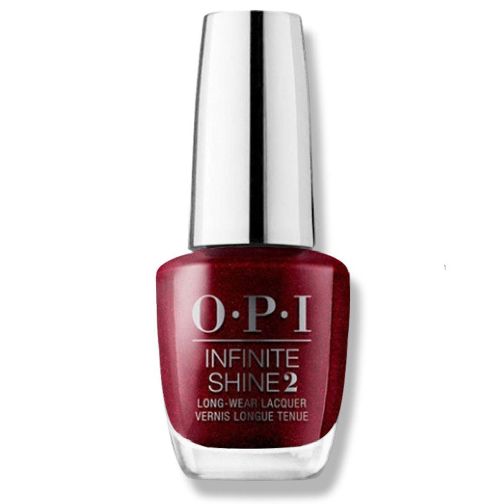 Nagellackflasche mit roter Farbe und silbernem Deckel. OPI Infinite Shine 2 Schriftzug.