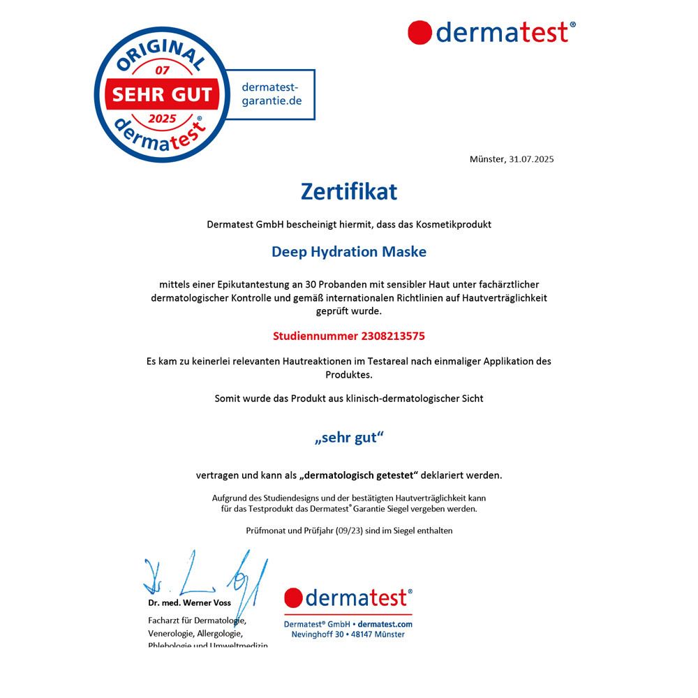 Dermatest-Zertifikat. Bestätigt die Hautverträglichkeit der Deep Hydration Maske. Siegel und Text.
