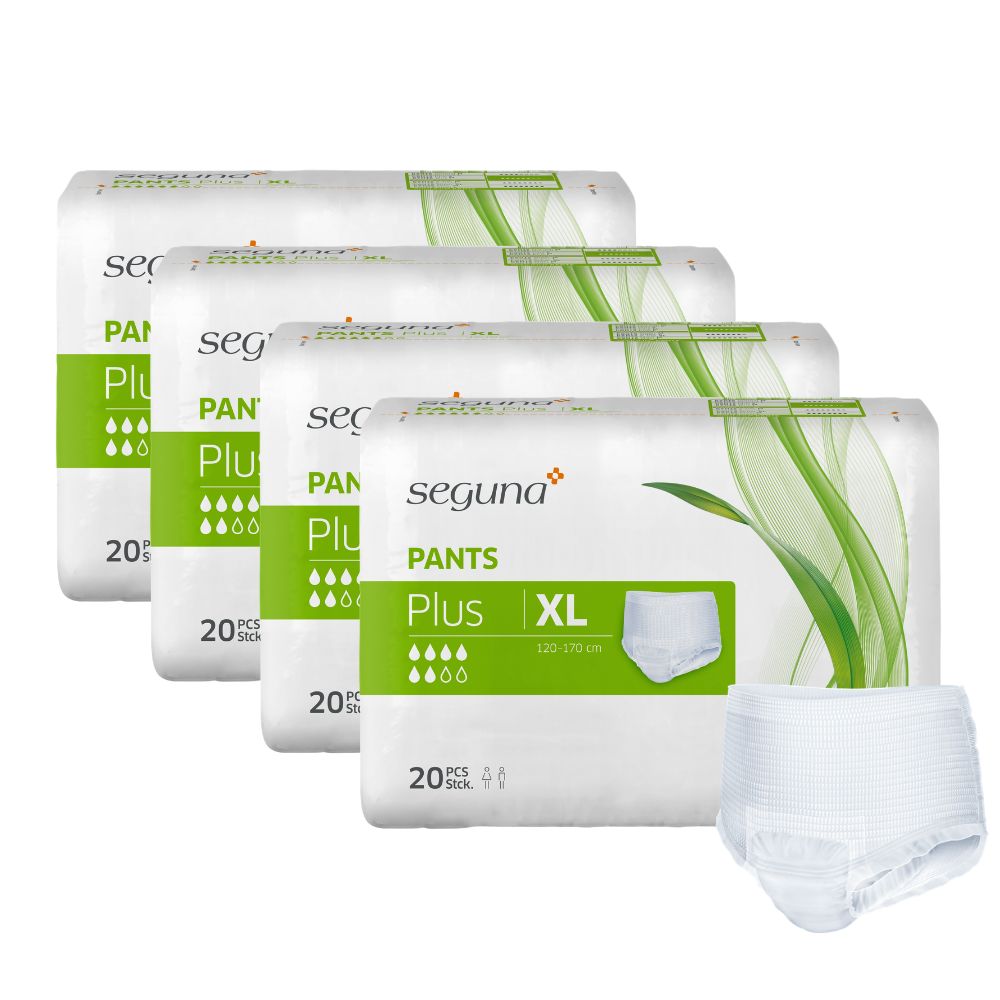 Vier Packungen SEGUNA Pants Plus XL. Einzelne Pants daneben. Aufdruck: 120-170 cm.