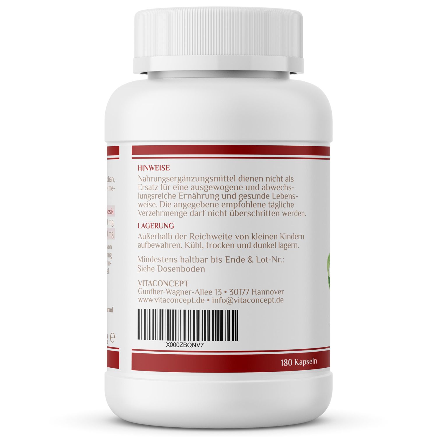 Rückseite einer weißen Kapsel-Dose mit rotem Etikett. Text: Hinweise, Lagerung, VITACONCEPT-Adresse, Barcode, 180 Kapseln.