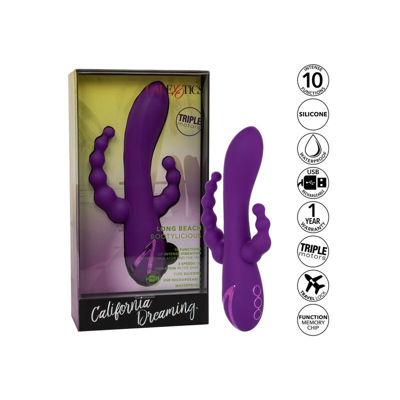 Zwei lila Vibratoren in einer Schachtel. Auf der Verpackung steht "Long Beach Bootylicious" und "California Dreaming".