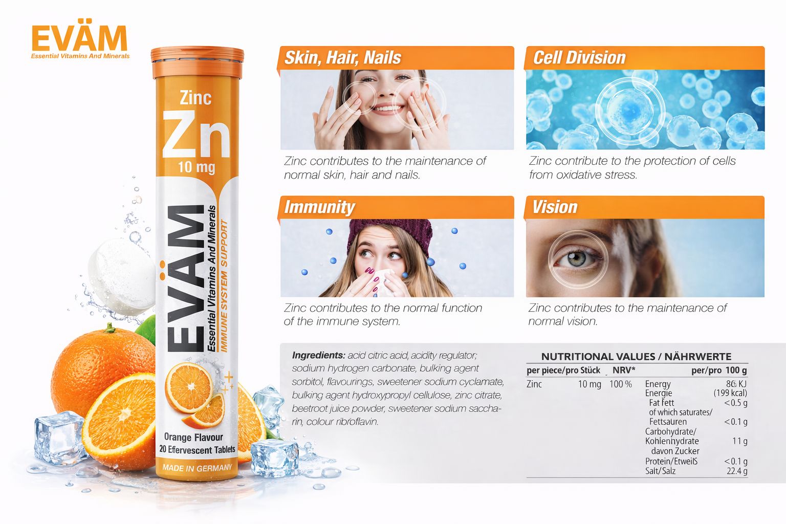 EVÄM Zink-Tube, 10 mg. Orangefarbenes Design. Informationen zu Haut, Haaren, Nägeln, Zellteilung, Immunität, Sehvermögen.