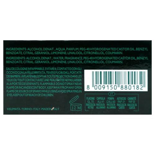 Rückseite der Verpackung. Text: Inhaltsstoffe, Warnhinweise, Barcode. Hergestellt in Italien.