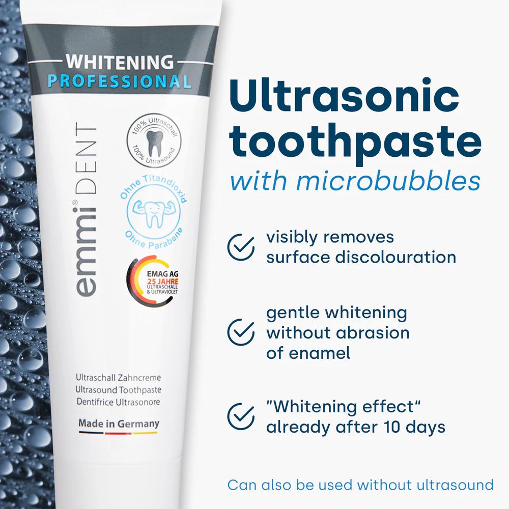 Zahncreme-Tube mit Text: Whitening Professional, emmi-dent. Enthält Mikrobläschen. Entfernt Verfärbungen, schonend, Whitening-Effekt nach 10 Tagen.