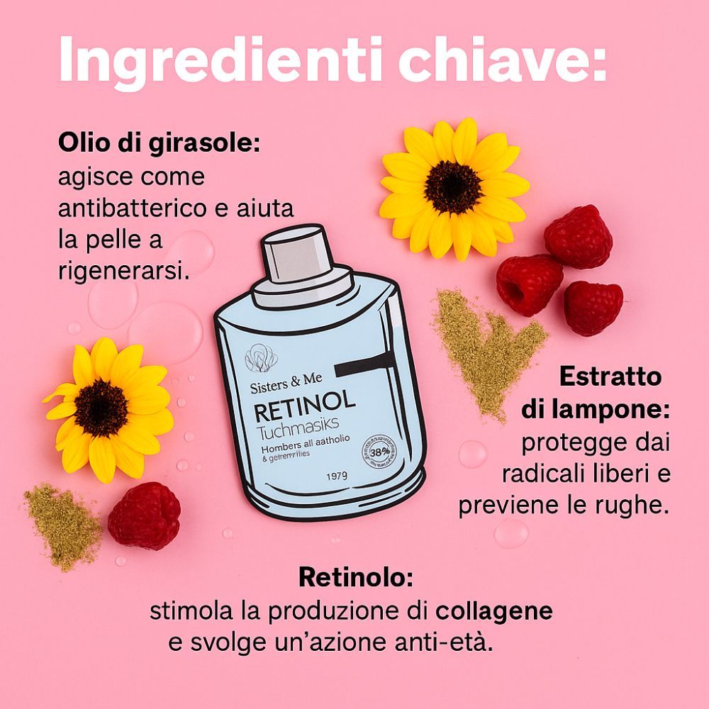 Infografik mit Produkt und Inhaltsstoffen. Sonnenblumen, Himbeeren und Text. Rosa Hintergrund.