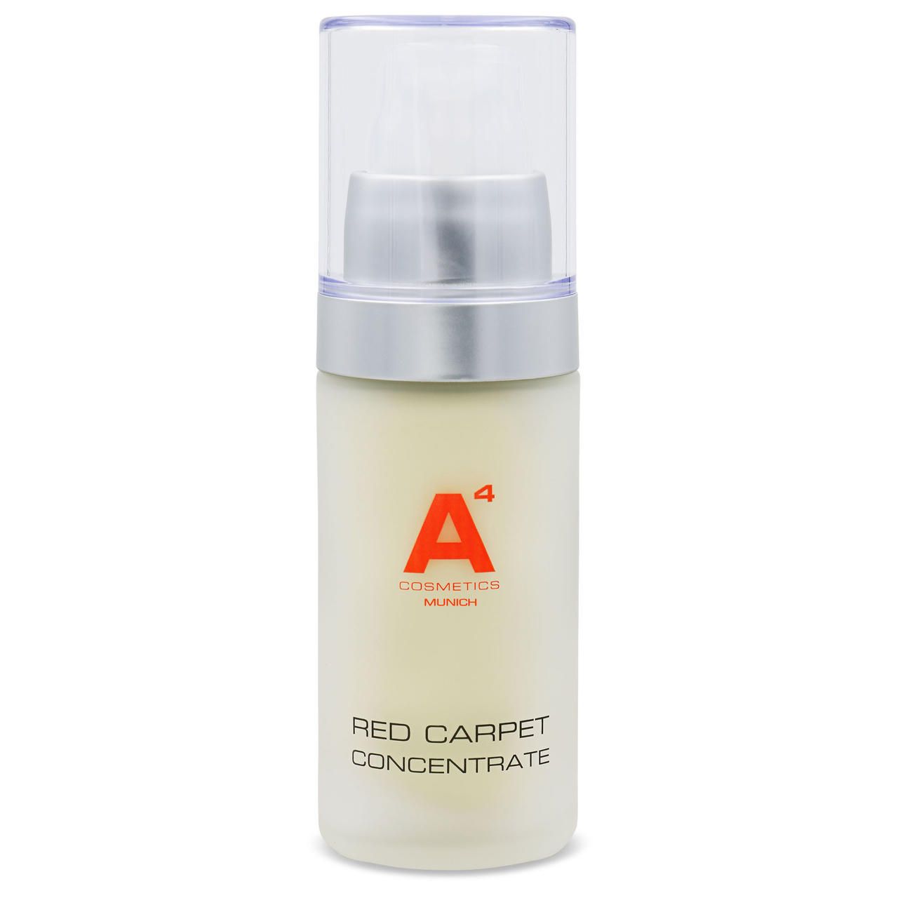 A4 Cosmetics Red Carpet Concentrate. Flasche mit Dosierpumpe. Rote Schrift, Logo. Enthält Wirkstoffe wie Arganöl und Aloe Vera.