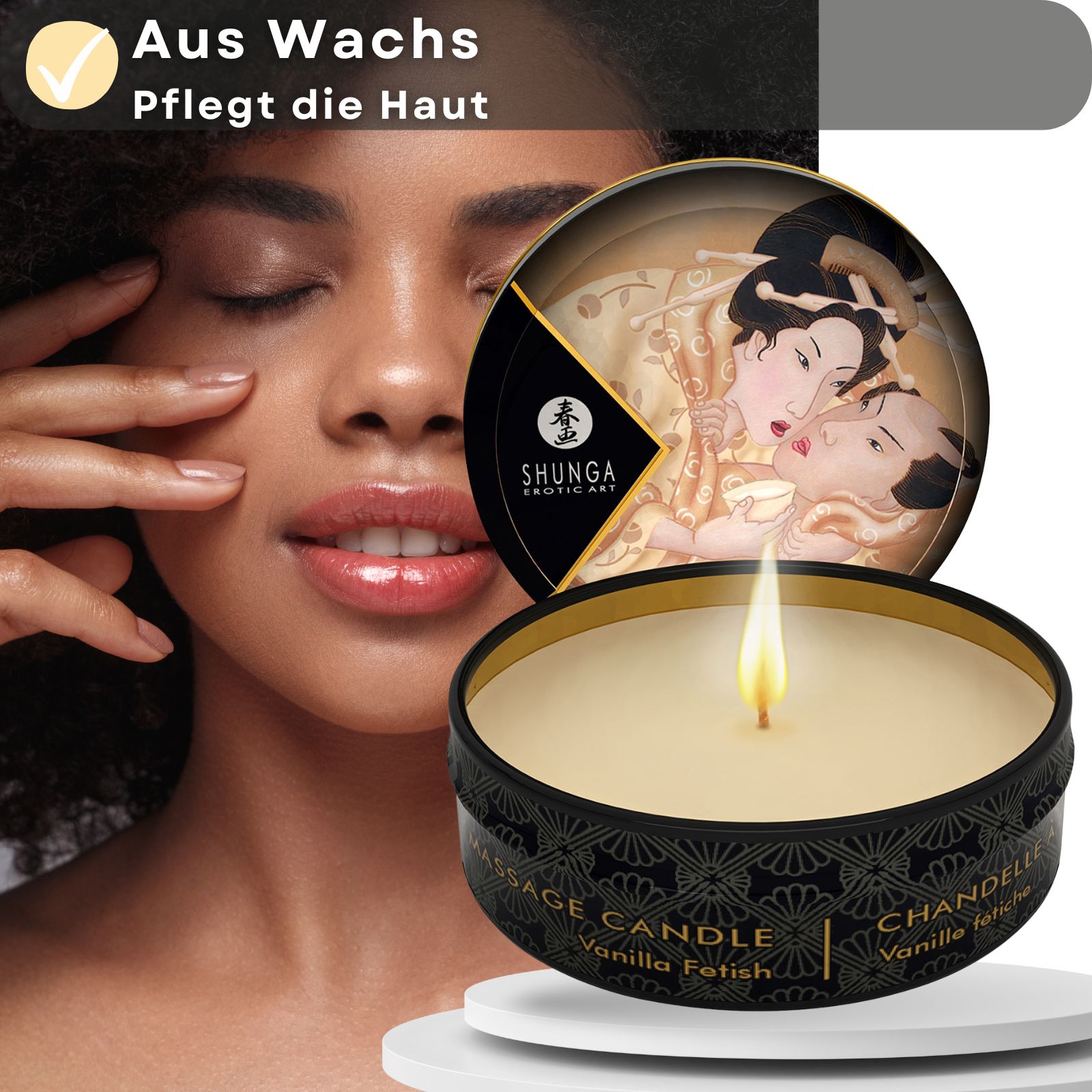 Produkt mit Kerze in Dose und Text: Aus Wachs, Pflegt die Haut. Frau mit geschlossenen Augen. Aufschrift: Massage Candle, Vanilla Fetish, Chandelier.